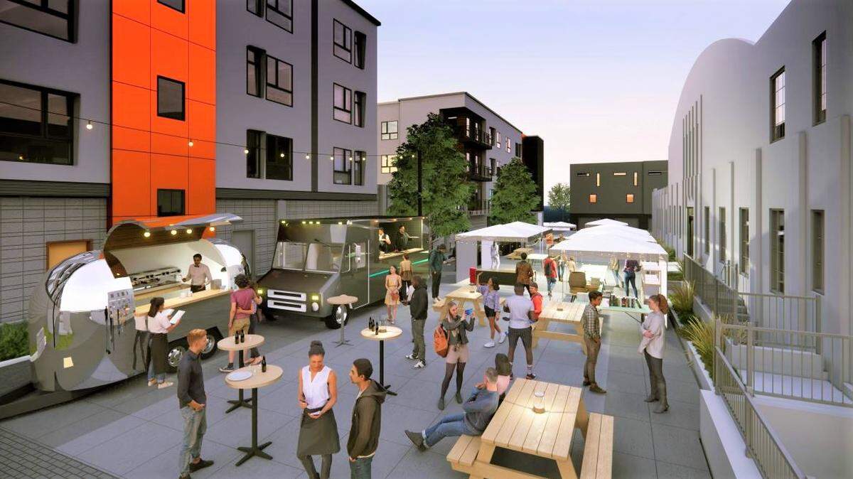 An architect’s rendering part of the Alpha Development Group’s proposed 205-apartment development on the site of the vacant former Boise Armory at 801 Reserve St. in the East End. Festival streets would contain design features that the developer hopes will create a gathering place for residents.