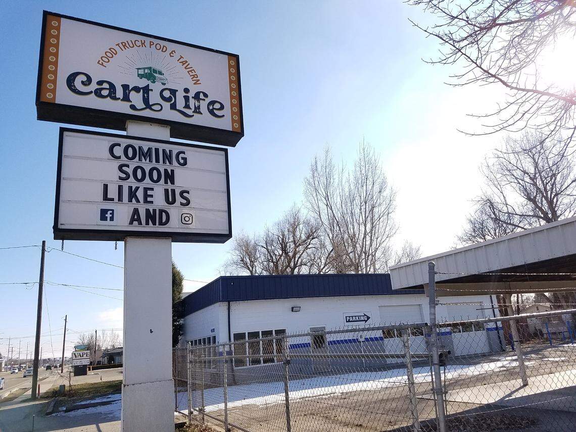 A sign promises that Cart Life is coming soon. “Essentially, it’s dead in my eyes,” says Brian Ramos, who had planned the food truck pod with his wife, Heidi.