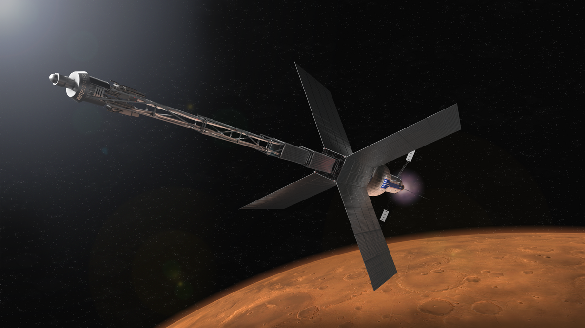 Illustration of a Mars transit habitat and nuclear propulsion system. Engineers at the Idaho National Laboratory are working on enhancing the capabilities of nuclear thermal propulsion, a technology that NASA hopes will cut the travel time to Mars by half.