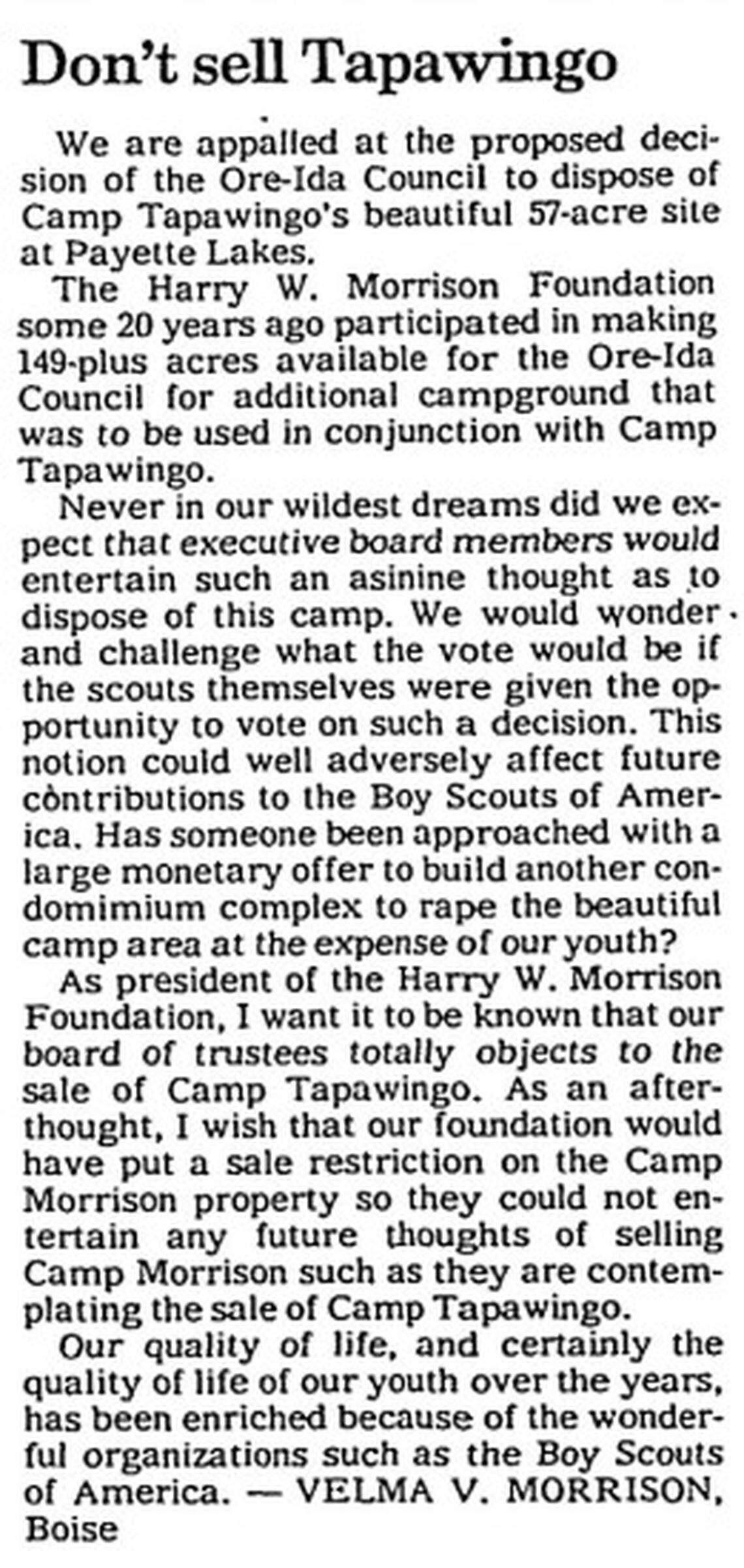 A letter to the editor opposing the sale of Camp Tapawingo from Velma Morrison, as it appeared in the Jan. 3, 1986, issue of the Idaho Statesman.