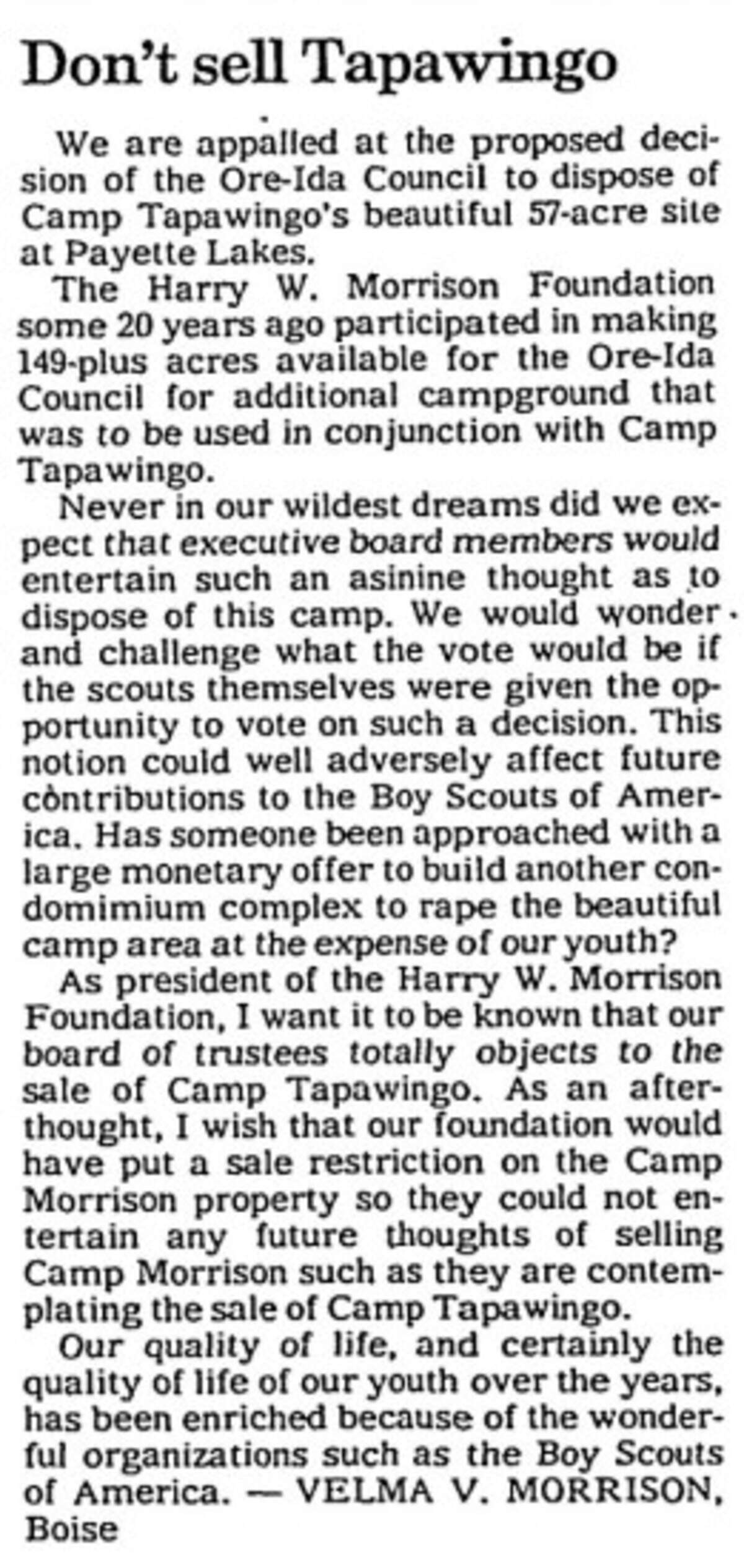 A letter to the editor opposing the sale of Camp Tapawingo from Velma Morrison, as it appeared in the Jan. 3, 1986, issue of the Idaho Statesman.