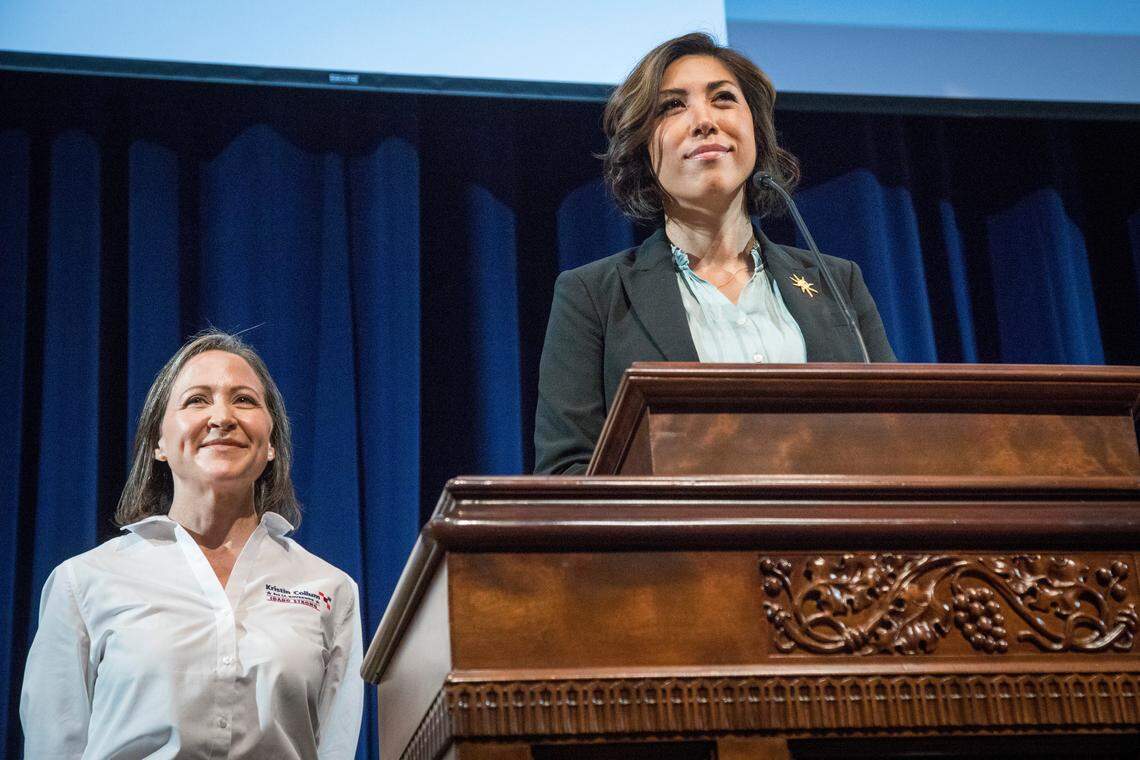 Paulette Jordan with running mate and lieutenant governor candidate Kristin Collum, as Jordan addresses the Idaho Democratic Convention in June 2018.