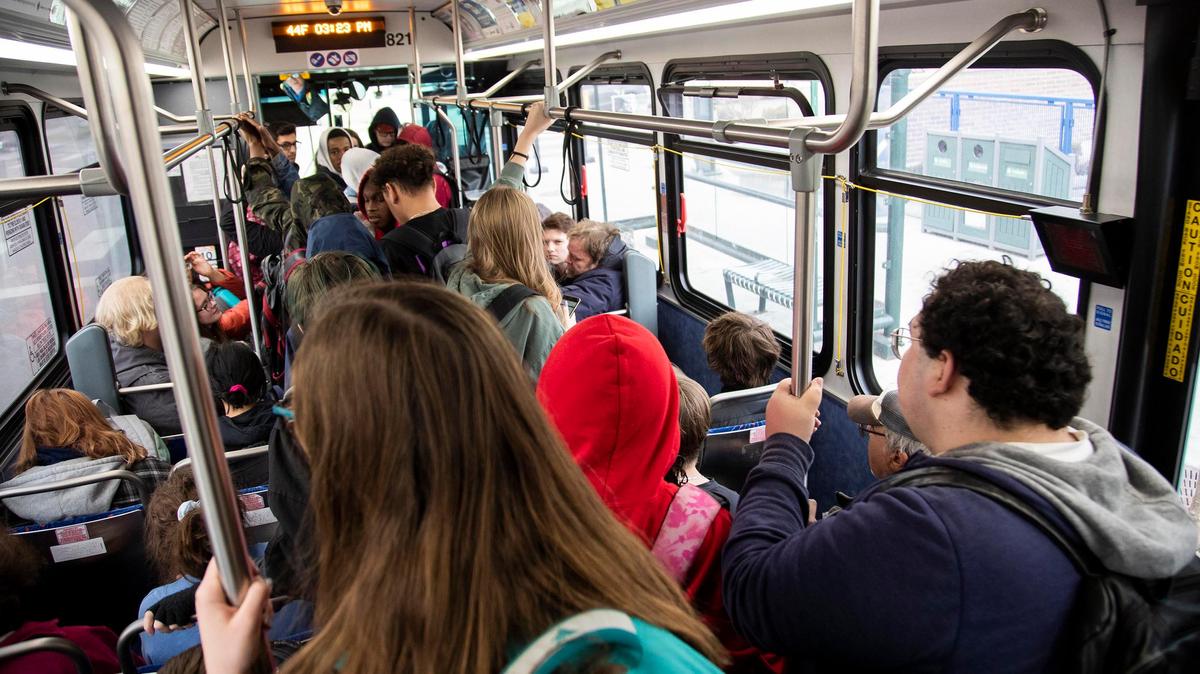 Filled mostly with Boise High students at the end of a school day, the No. 9 Valley Regional Transit bus drives its route along State Street.
