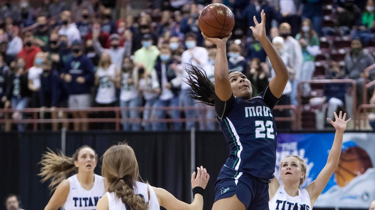 Mountain View junior Naya Ojukwu scores two of her 32 points against Thunder Ridge in the 5A championship game Saturday at the Ford Idaho Center.
