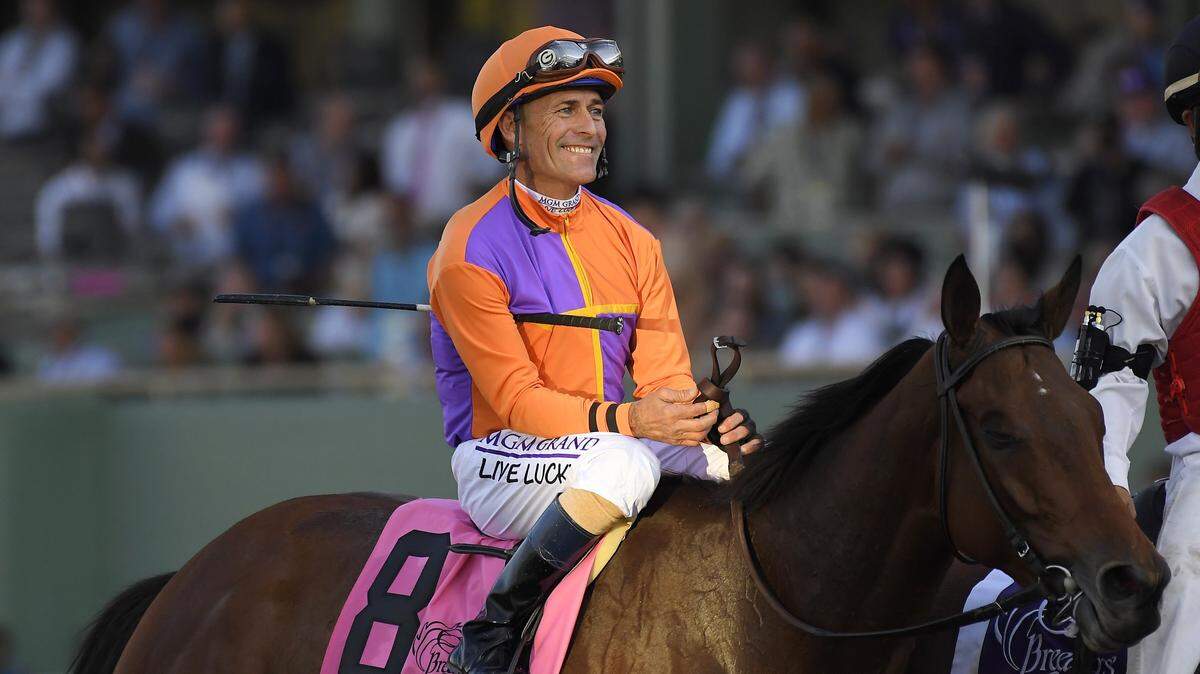 Gary Stevens smiles after Beholder won the Breeders’ Cup Distaff horse race at Santa Anita on Nov. 4, 2016, in Arcadia, Calif.