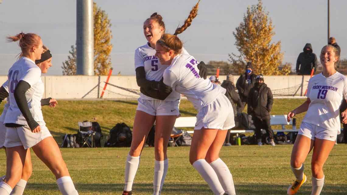 Kelsey Oyler (5) and Violet Rademacher celebrate Rocky Mountain’s 3-1 win over TImberline in the 5A state semifinals Monday at Middleton High.