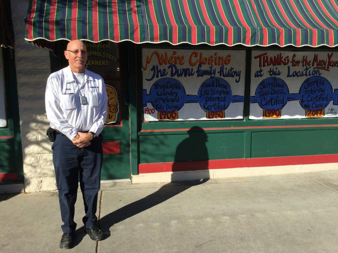 Jerry Dunne and his wife, Denise, had a timeline painted on Certified Inc. Rug & Furniture Cleaners’ front windows as a goodbye gesture. Jerry Dunne retired late in 2017 after a life in the cleaning business.