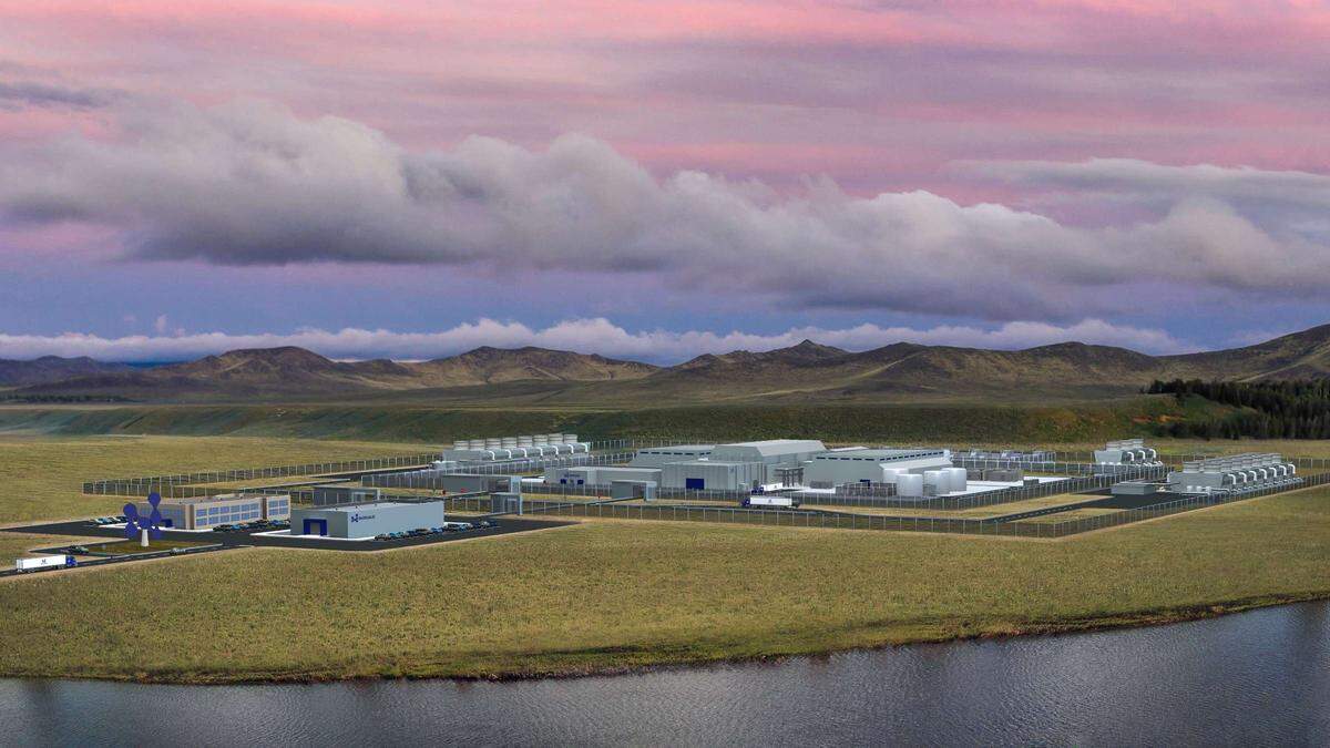 An artist’s rendering provided in May 2021 shows a prospective NuScale Power small modular nuclear reactor site.