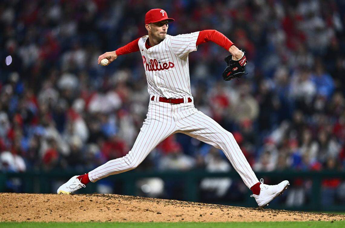 Apr 1, 2024; Philadelphia, Pennsylvania, USA; Philadelphia Phillies relief pitcher Connor Brogdon (75) throws a pitch against the Cincinnati Reds in the tenth inning at Citizens Bank Park. Mandatory Credit: Kyle Ross-USA TODAY Sports