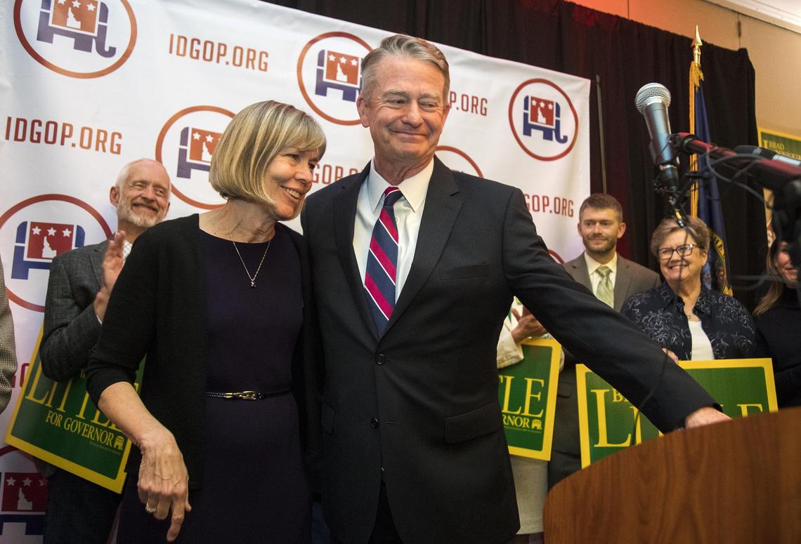 Idaho Governor-elect Brad Little stands with his wife Teresa as the crowd at the Republican election night party applauds his successful election Tuesday, Nov. 6, 2018 at the Riverside in Garden City.
