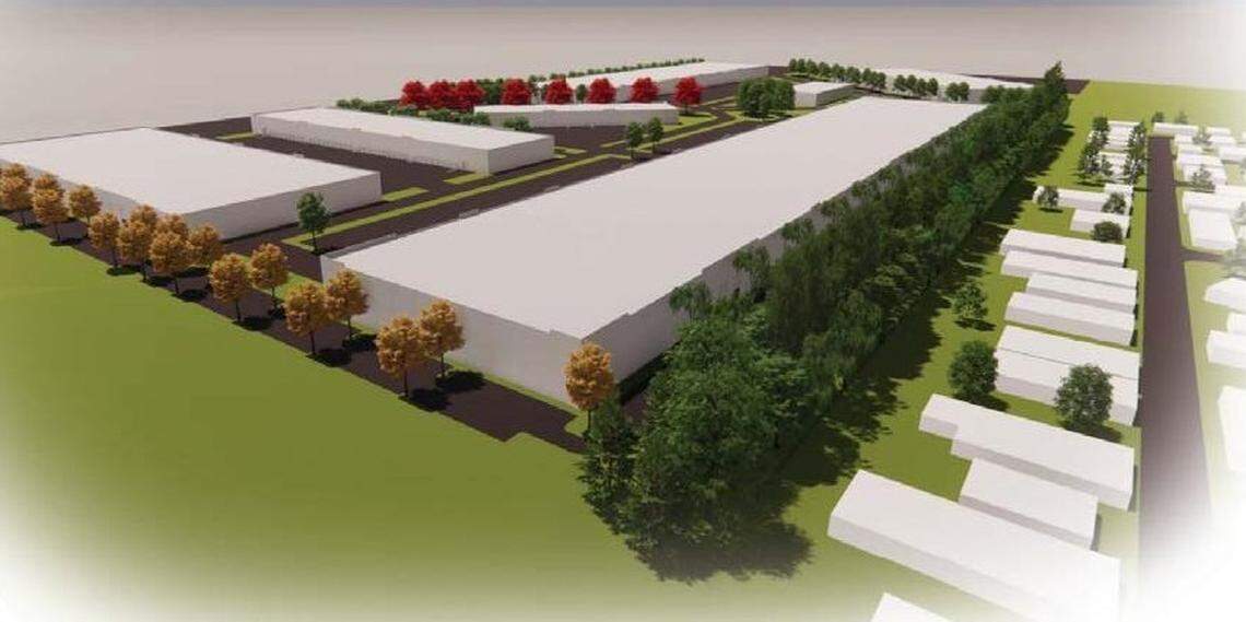 This rendering shows the seven proposed industrial buildings that would be directly south of the Blue Valley mobile home park in Southeast Boise at 8675 S. Warehouse Way and 2392 E. Winco Court.