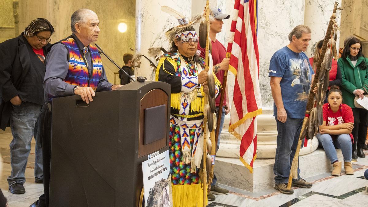Ted Howard, left, former chair of the Shoshone-Paiute Tribal Business Council, was among the leaders and speakers at Idaho’s first celebration of Indigenous People’s Day in 2019. A ceremony was held in the Capitol Rotunda, organized by Indigenos Idaho Alliance. Proposals for two casinos, one from the Shoshone-Paiute, are in the works in and near Mountain Home, in rural Elmore County.