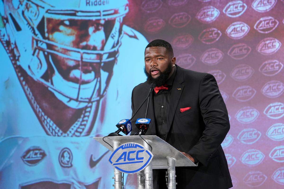 Florida State’s Marvin Wilson speaks during the Atlantic Coast Conference NCAA college football media day in Charlotte, N.C., Wednesday, July 17, 2019. (AP Photo/Chuck Burton)