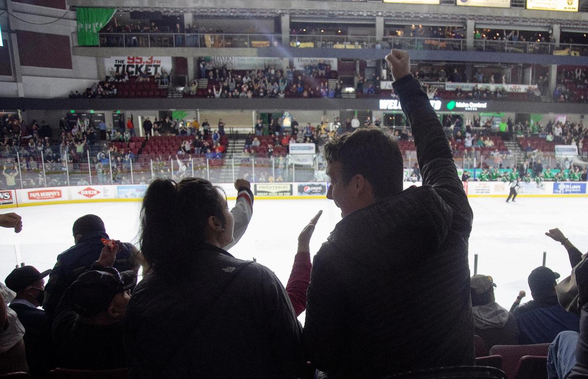 Hockey fans react to a goal in the third period by the Idaho Steelheads while playing the Utah Grizzlies at Idaho Central Arena in Boise on Wednesday.
