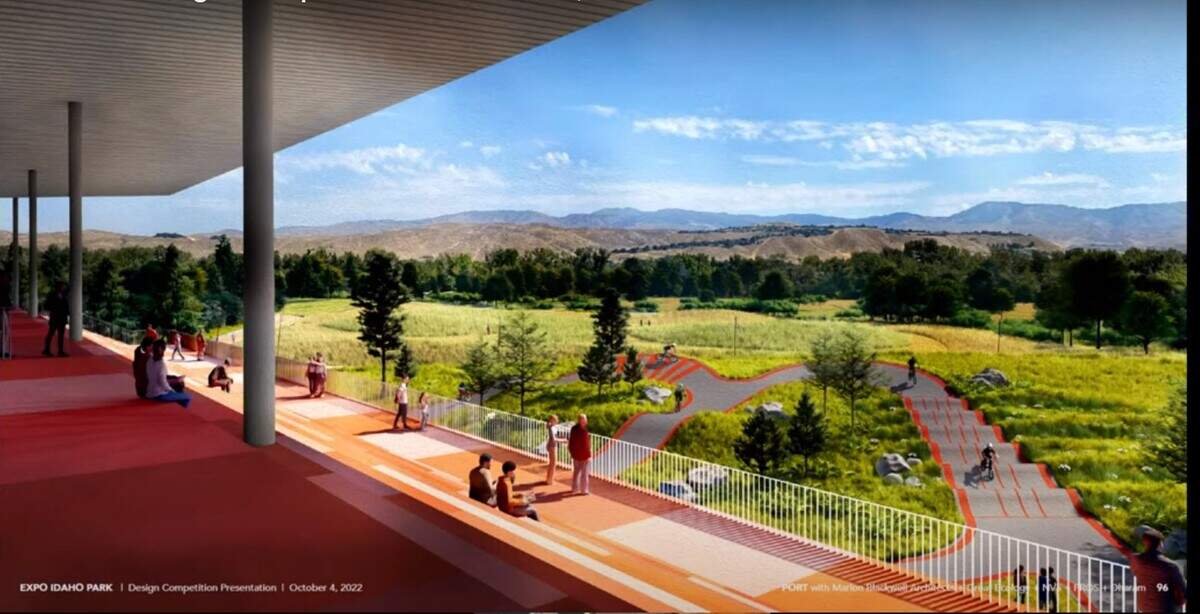 A view from the reimagined Expo Idaho grandstand of a potential new park, per the Port firm’s designs.