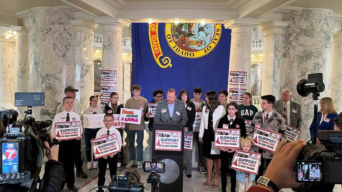Supporters of a bill that would provide tax credits to families who send their kids to private schools gathered at the Idaho Capitol earlier this year. Idaho lawmakers voted to hold the bill in committee.