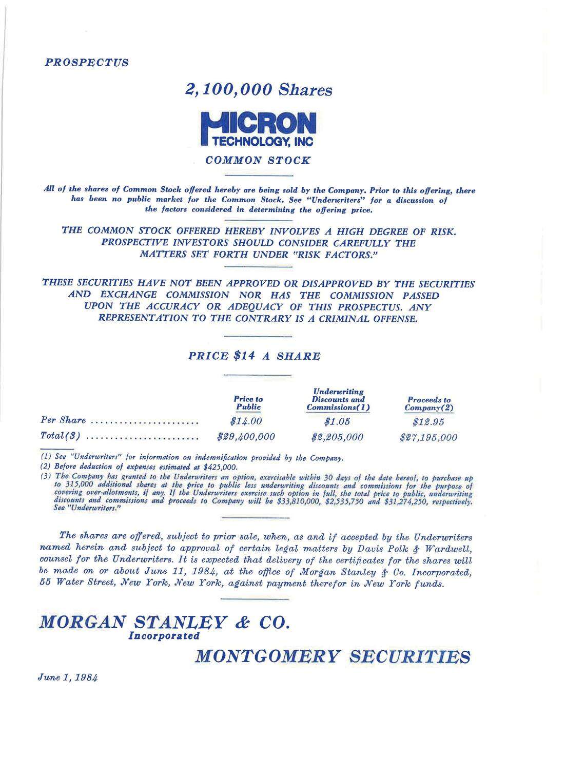 The first page of Micron’s initial public offering of stock in 1984.