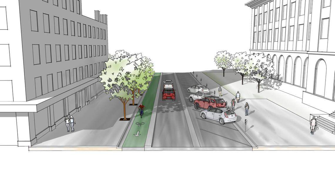 A CCDC rendering of what the bike lane between Bannock and Jefferson streets is expected to look like.