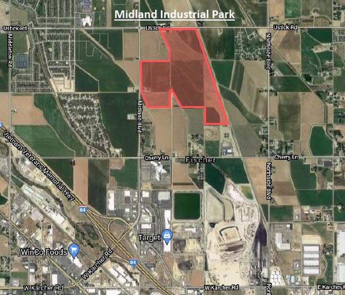 The Adler Midland Industrial Park is set to be developed on the east side of Midland Boulevard and the south side of Ustick Road.The Union Pacific Railroad tracks mark the park’s eastern border.