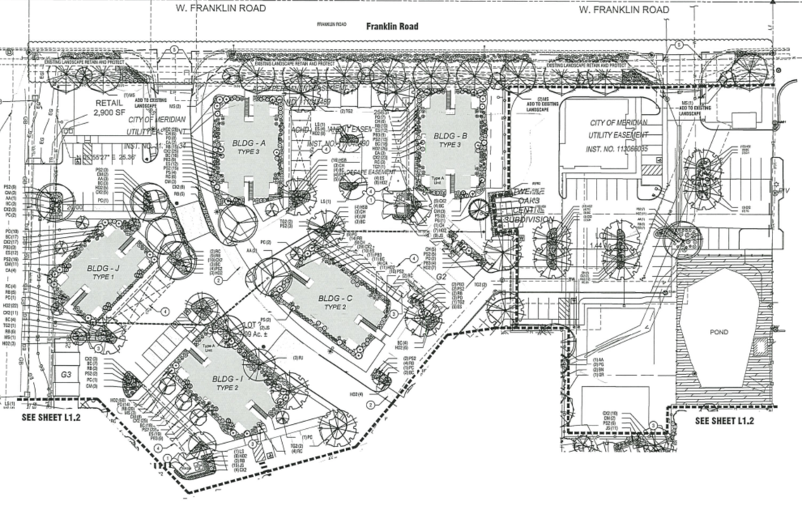The Villas at 12 Oaks East would be a garden-style apartment complex, with apartments oriented away from the street and looking out over parking lots. The apartment style has come to be common in Meridian.