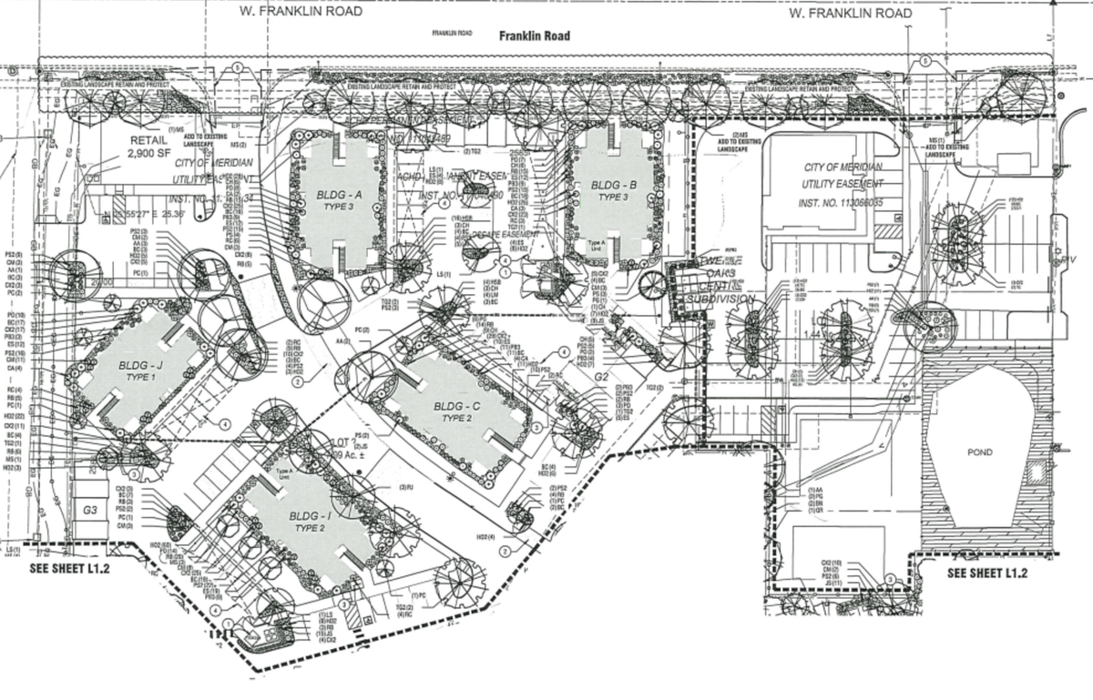 The Villas at 12 Oaks East would be a garden-style apartment complex, with apartments oriented away from the street and looking out over parking lots. The apartment style has come to be common in Meridian.