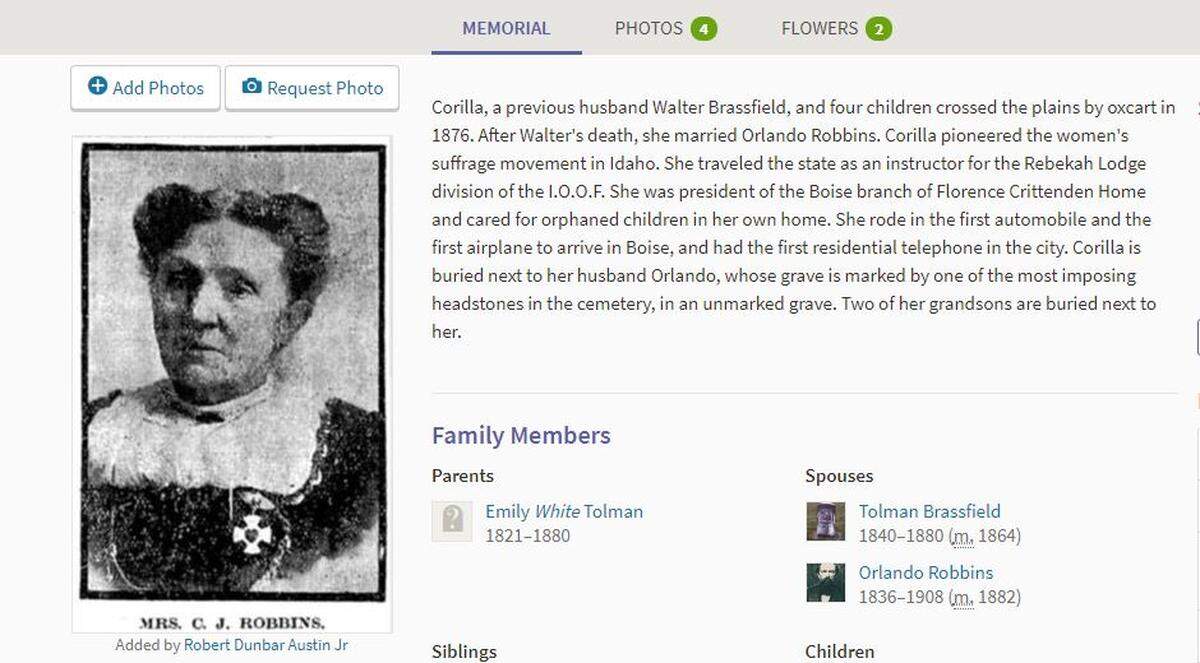 A screenshot taken from a Find A Grave page created by Bob Austin Jr. shows Corilla Robbins and provides biographical information on the Boise pioneer.