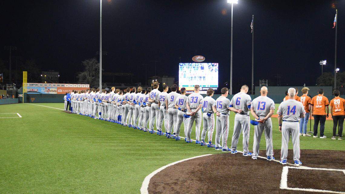 The Boise State baseball team lines up for the national anthem before its season opener Feb. 21 at Texas.
