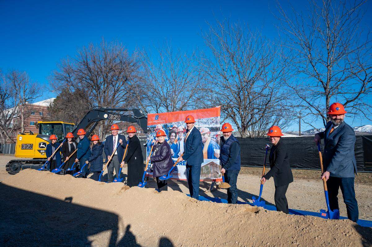 The Jan. 24 groundbreaking ceremony for the ESI Construction Management Building, to be part of Boise State University’s College of Engineering. From left, as identified by Boise State: Former Dean of the College of Engineering JoAnn S. Lighty, Boise State Foundation Interim CEO Argia Beristain, Boise State Foundation Board Chair Jim Martin, Boise State University CFO and COO Alicia Estey, Idaho Lt. Gov. Scott Bedke, Boise State President Dr. Marlene Tromp, Idaho State Board of Education President Linda Clark, Boise State Provost John Buckwalter, ESI President Neil Nelson, College of Engineering Dean Amy Fleischer, and Anthony Perrnoud, the William H. McMurren department chair of construction management.
