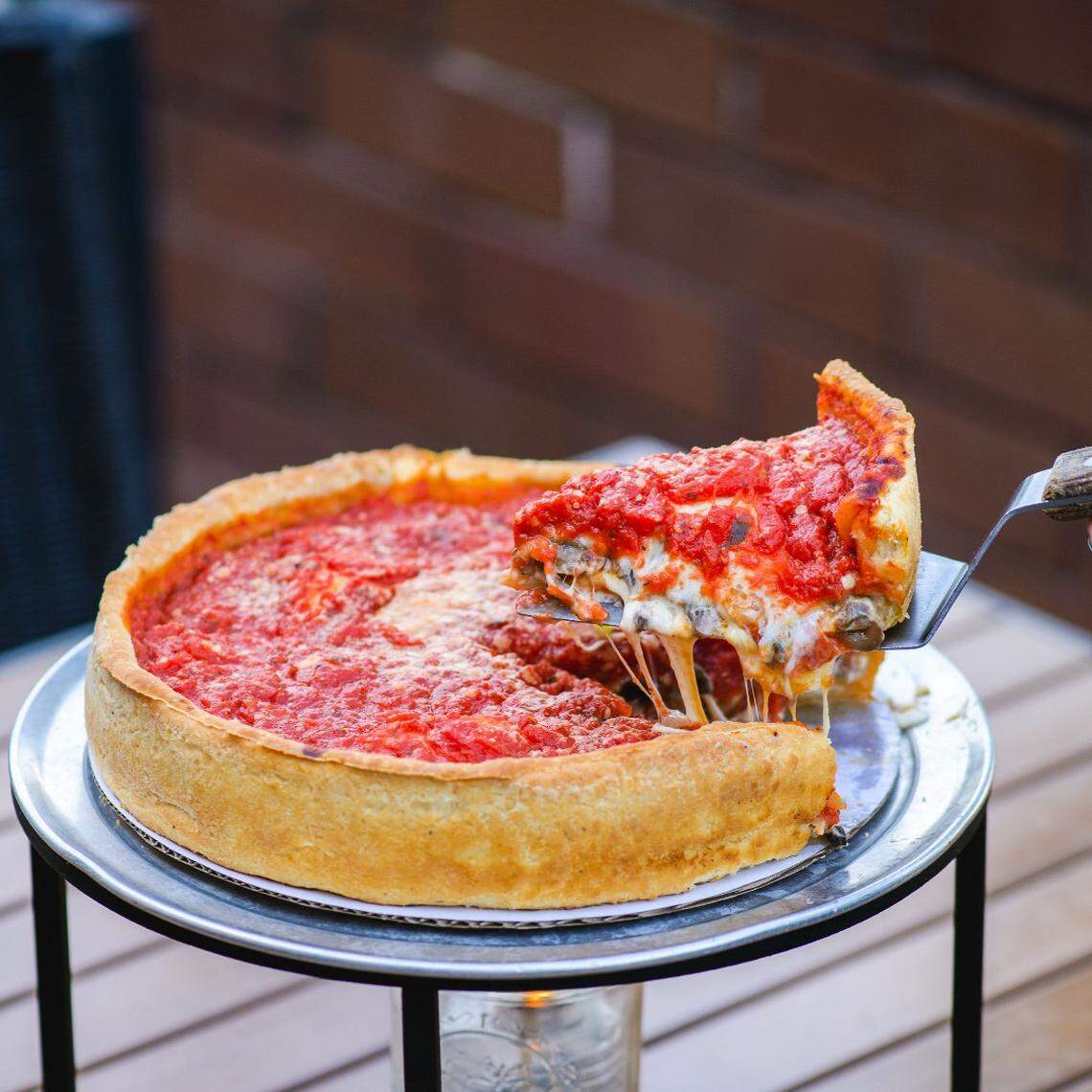Deep-dish pizza is a specialty at Chicago Fire restaurants.