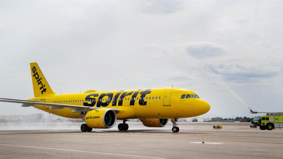 The first Spirit Airlines flight arrives with a water cannon welcome to the Boise Airport from Las Vegas on Aug. 5, 2022.
