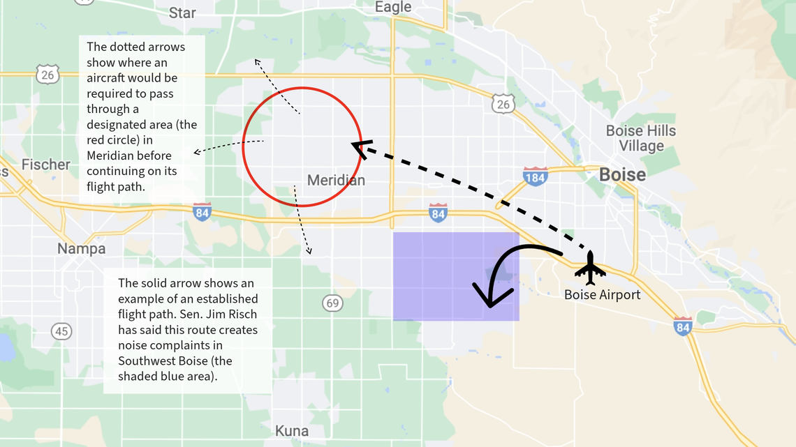 An illustration of U.S. Sen. Jim Risch’s proposed changes to flight patterns at the Boise Airport in Southwest Boise. He included the language in the Senate’s version of the Federal Aviation Administration Reauthorization Act of 2023.