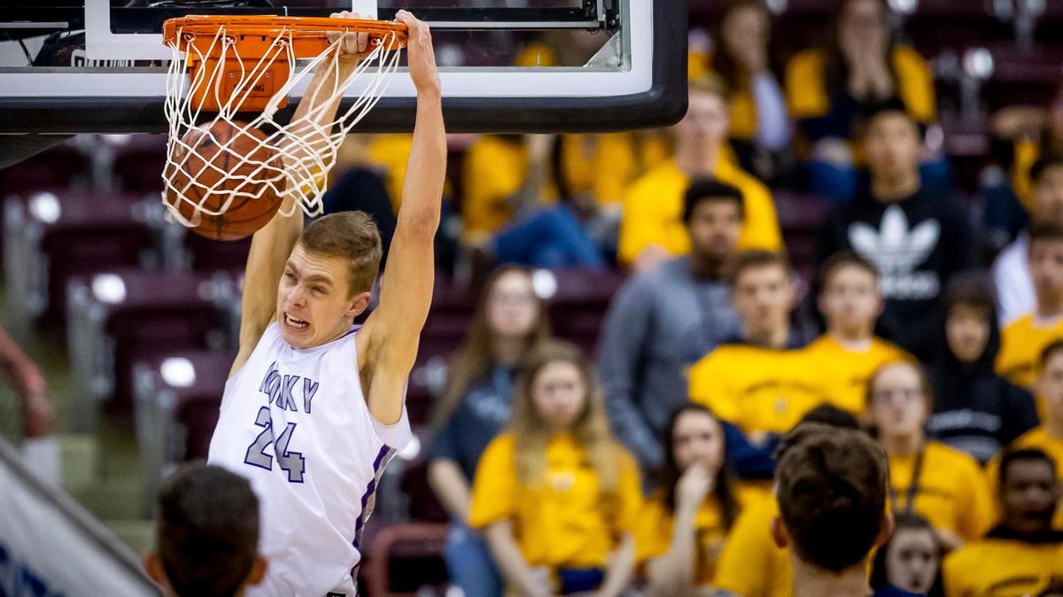 Rocky Mountain senior Townsend Tripple finishes an alley-oop dunk against Meridian in the first round of the 5A state boys basketball tournament Thursday, March 5, 2020 at Ford Idaho Center in Nampa.