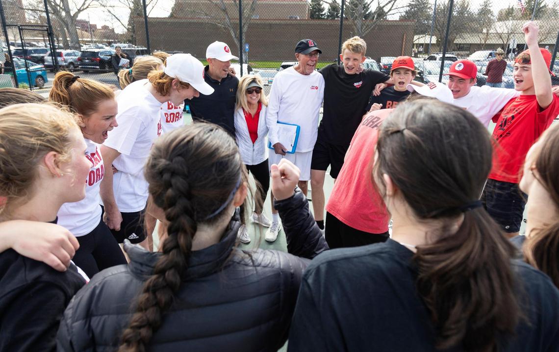 Assistant coaches Tristian Bounds and Christa Patton and head coach Greg Patton participate in a tennis tradition of reciting a passage from the ancient Chinese text, The Art of War, before the tennis team’s match against Borah High on April 20.