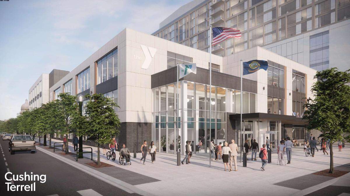 This rendering shows the front entrance of the proposed new downtown Boise YMCA. 10th Street can be seen on the left of this rendering while State Street is just out of view on the right.