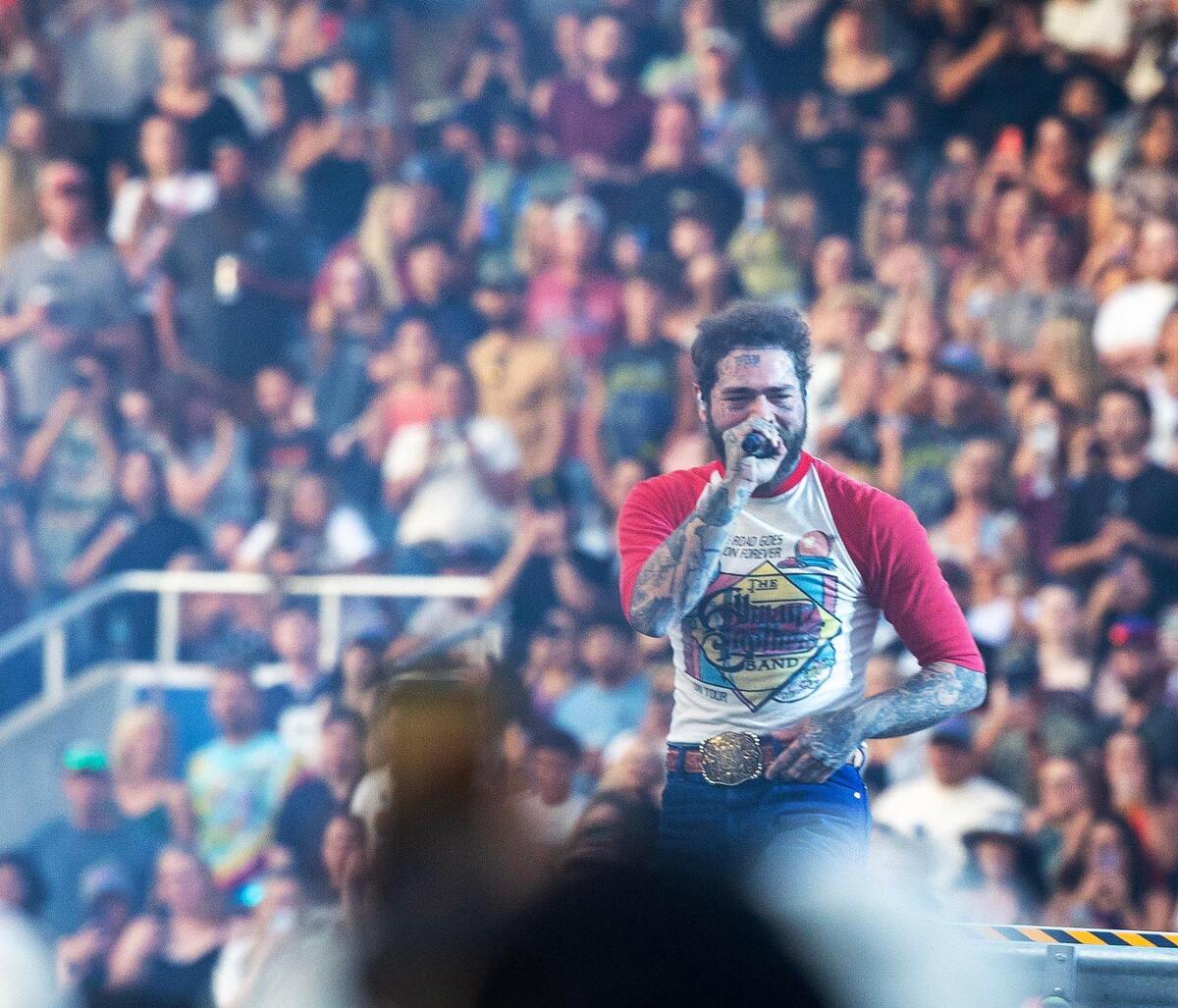 Post Malone performs during his Big Ass Stadium Tour stop in Idaho at Boise State’s Albertsons Stadium Tuesday, June 24, 2025..