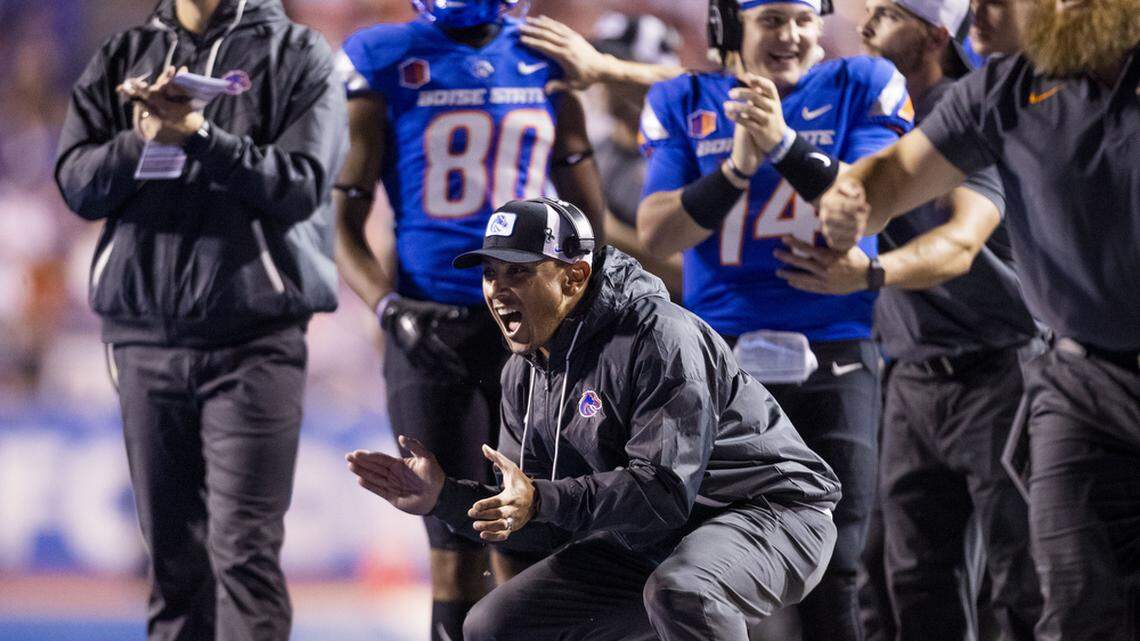 Boise State football coach Andy Avalos led the Broncos to a 10-4 record and a mark of 8-0 in Mountain West play last season.