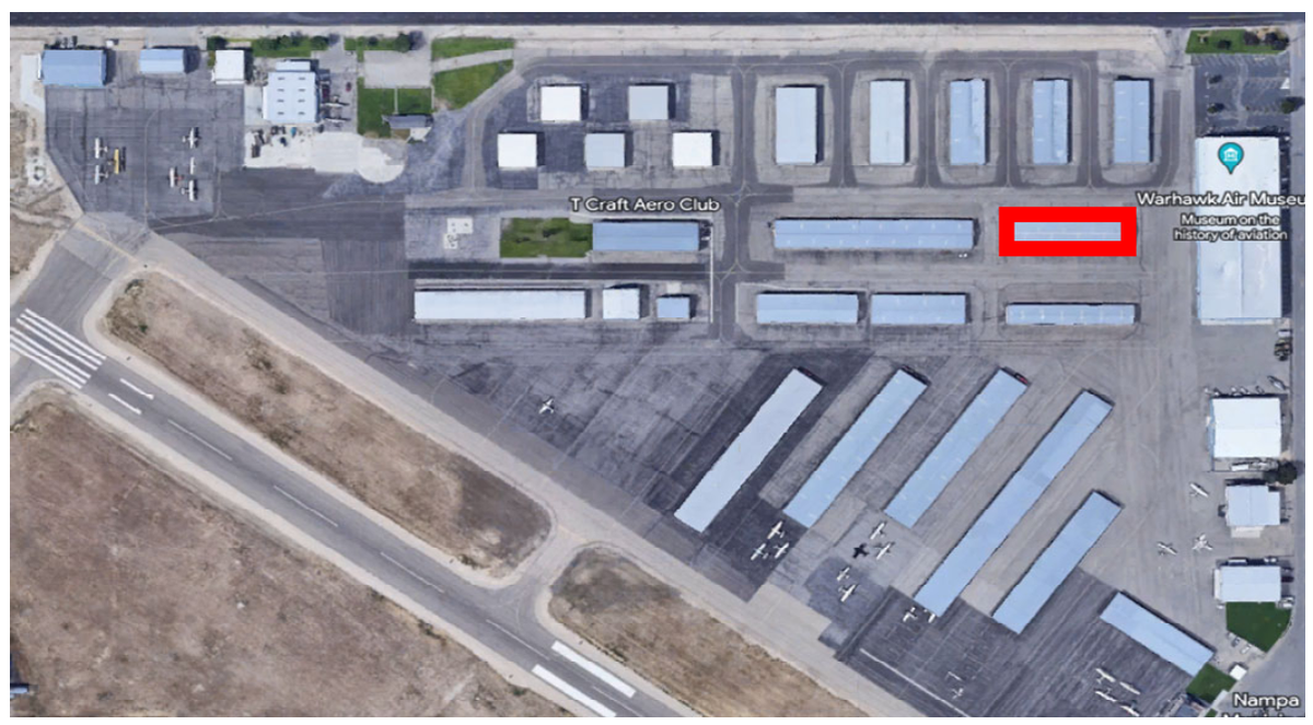 A map of the Nampa Municipal Airport. The damaged building is highlighted in red.