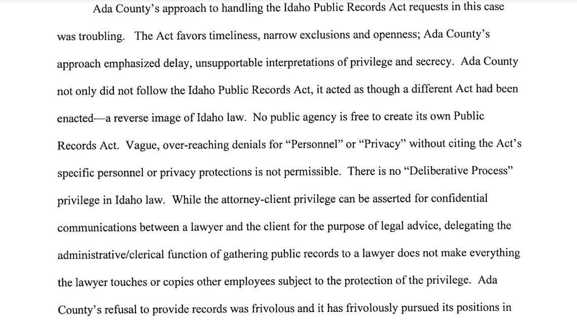 An excerpt from the ruling by 4th District Judge Deborah Bail in the Idaho Press Club’s public records lawsuit against Ada County.