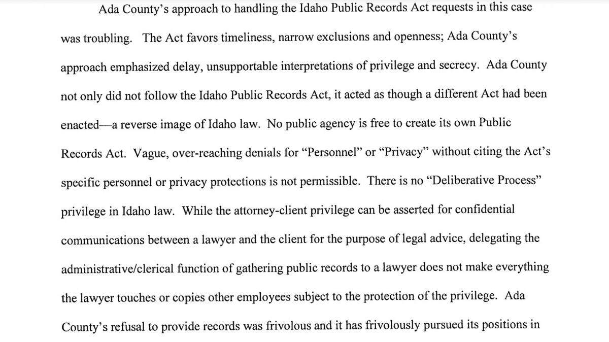 An excerpt from the ruling by 4th District Judge Deborah Bail in the Idaho Press Club’s public records lawsuit against Ada County.