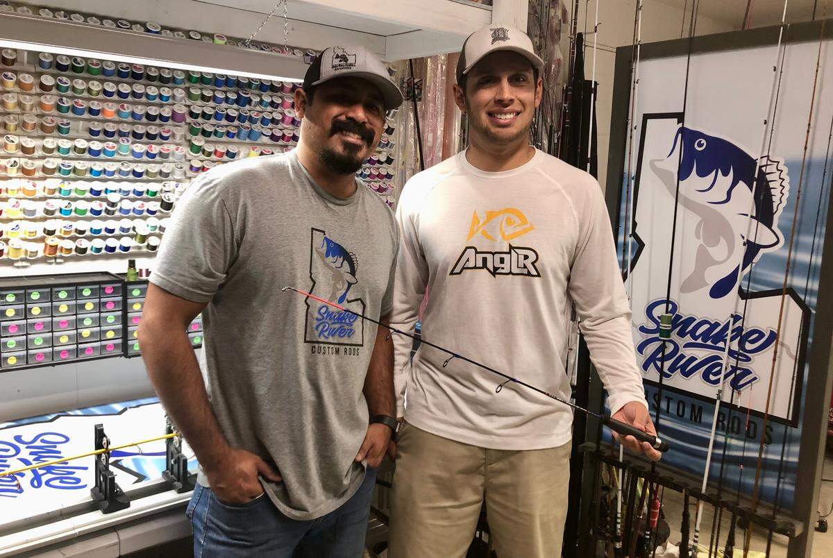Fishing columnist Jordan Rodriguez built his first custom rod — a blue-and-orange themed ice fishing setup — during a class with Ricky Prieto.