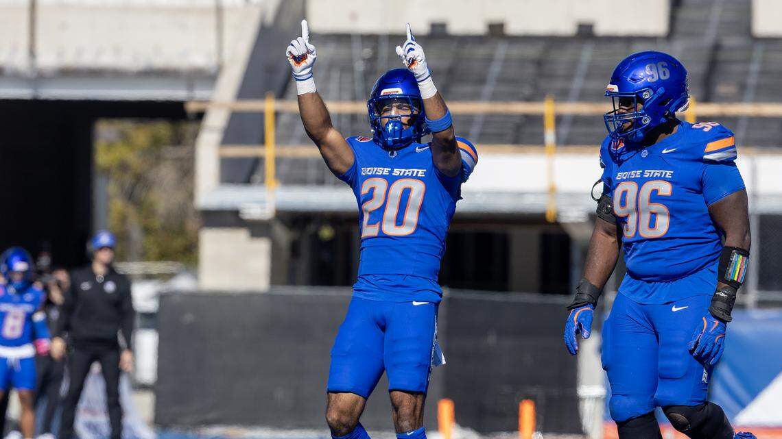 Boise State cornerback Jaden Mickey celebrates after a tackle in the first quarter of a game against UNLV at Albertsons Stadium last season.