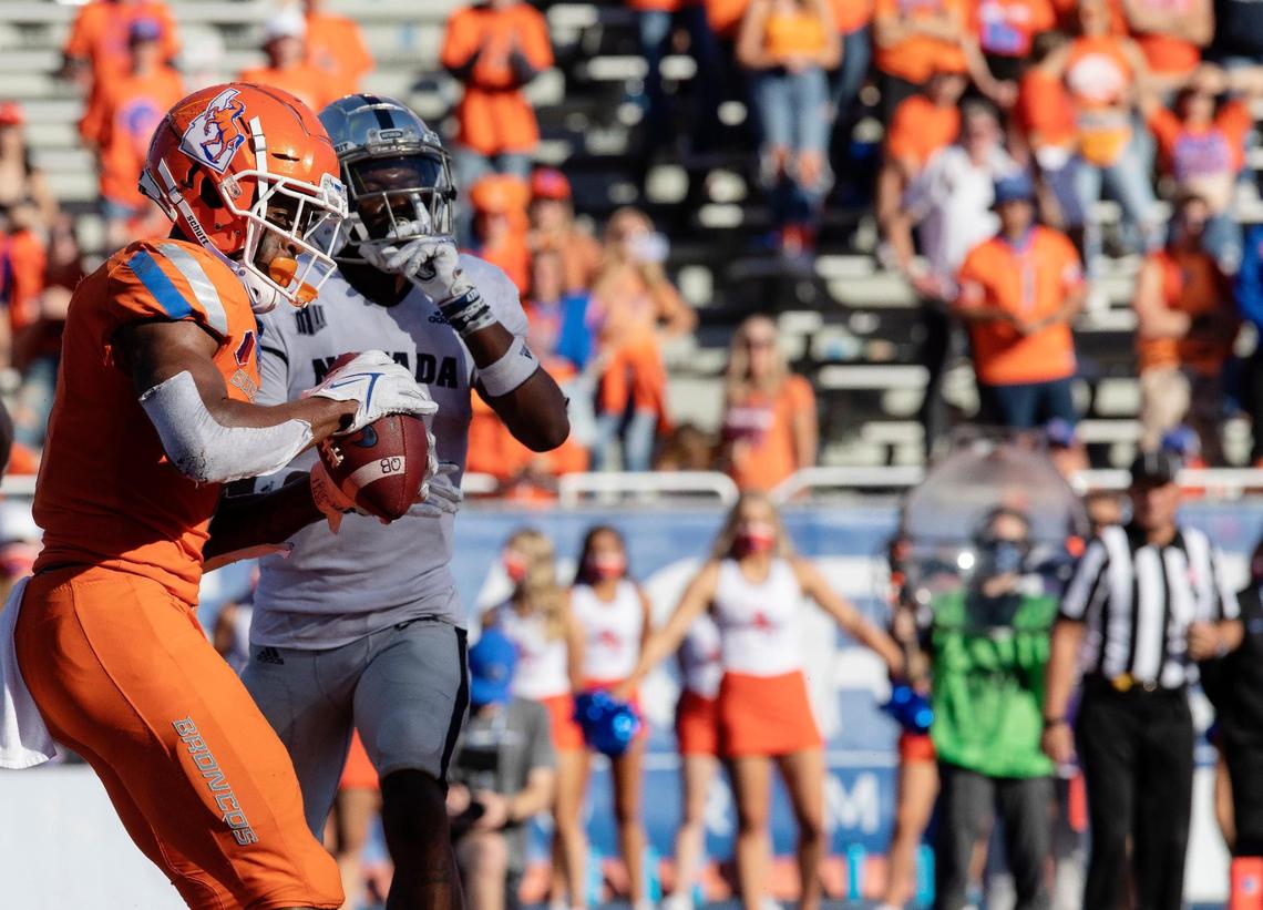 Boise State wide receiver Octavius Evans catches the ball in the end zone for a touch down during their game against Nevada on Saturday at Albertsons Stadium.