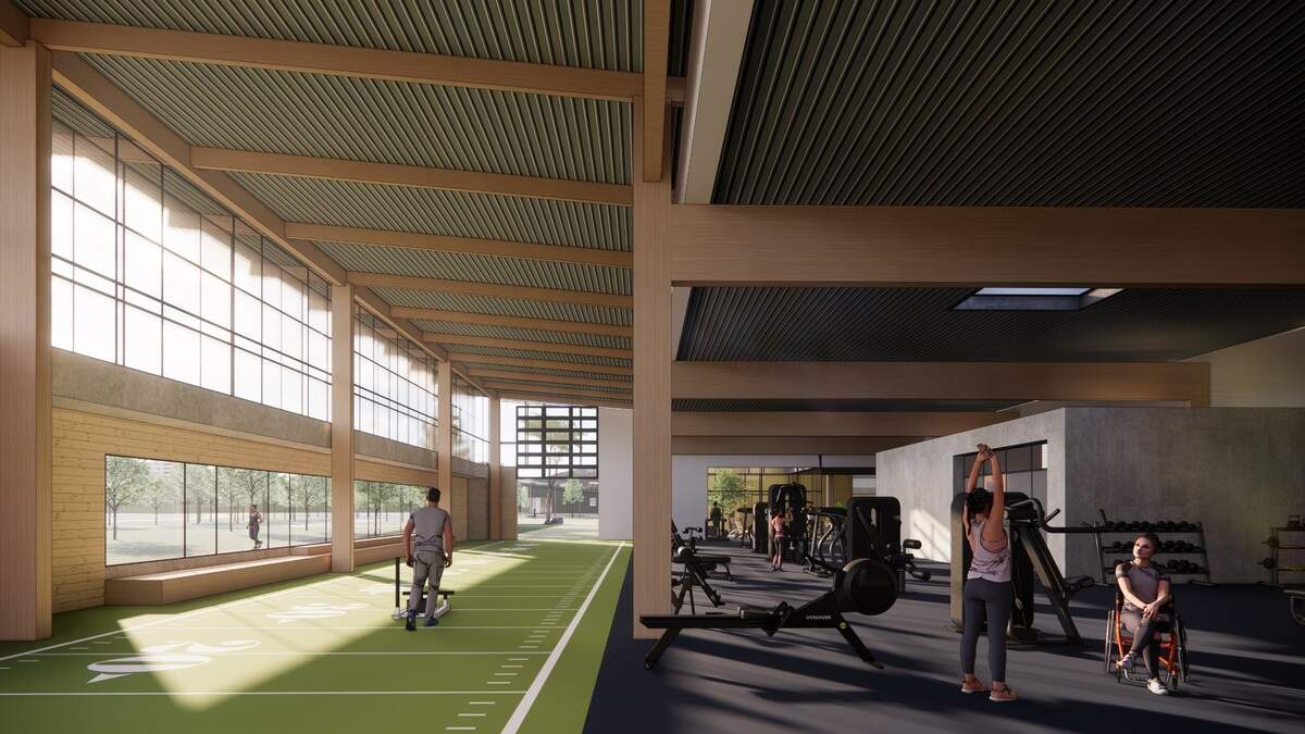 This architect’s rendering shows the planned fitness center at the future Idaho Outdoor Fieldhouse.