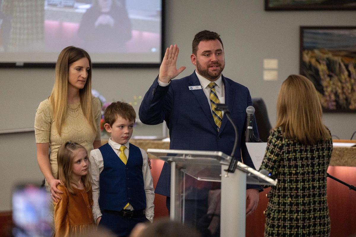 Colin Nash is sworn in by McLean alongside Nash’s wife, Hailey Nash, daughter Norah, 5, and son Nolan, 8.