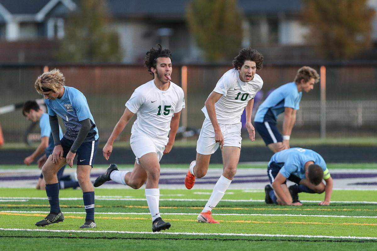 Eagle’s Ben Denton celebrates after scoring the state championship-winning goal in overtime of the 5A boys soccer state championship October 26 at Rocky Mountain High.