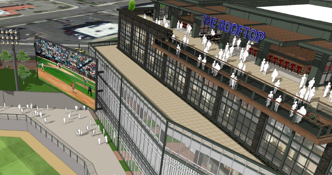 The proposed baseball and soccer stadium for Boise would include other development. This artist’s rendering, prepared when the stadium was proposed for a different site on Americana Boulevard north of the Boise River, shows an office building with rooftop terraces where people would look onto the field. A Jumbotron-style big-screen stadium TV is at left.