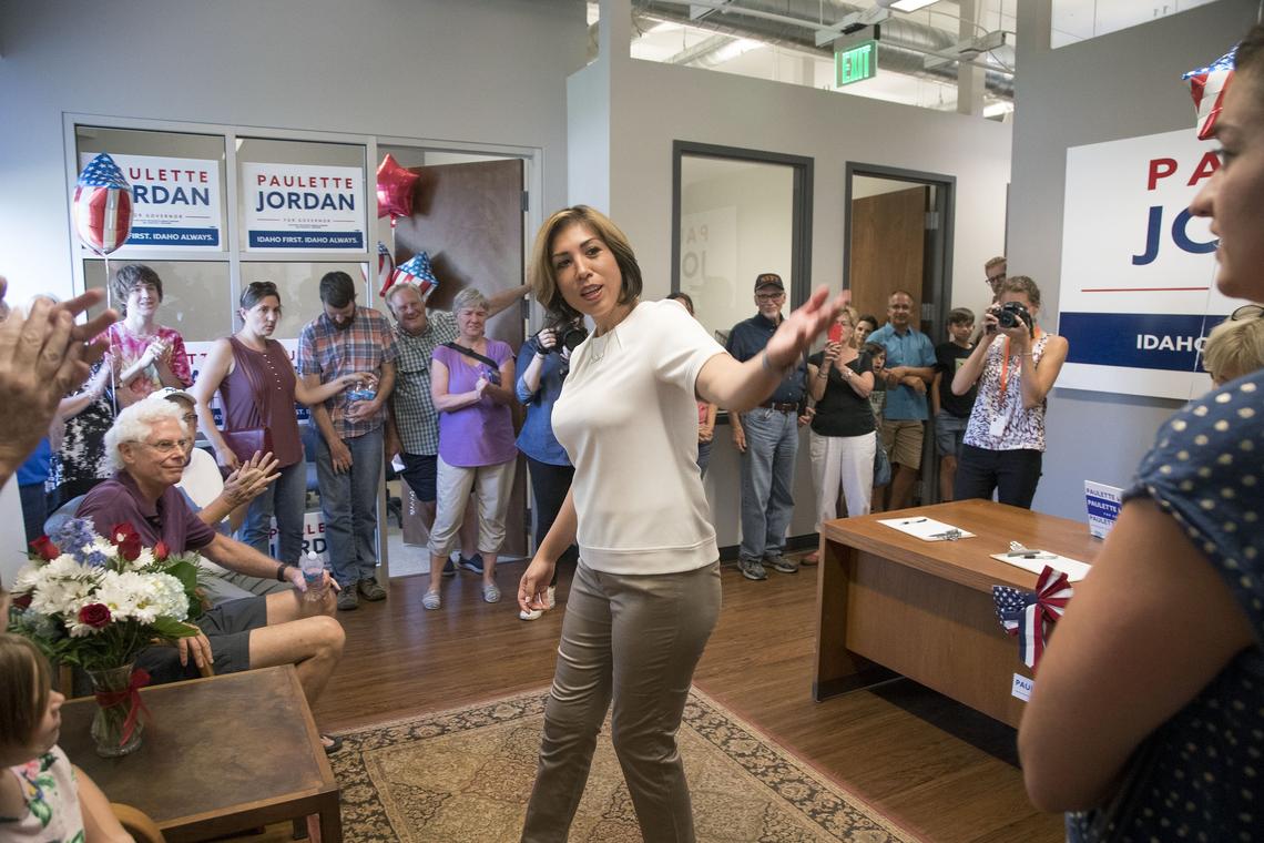 Democratic gubernatorial candidate Paulette Jordan greets supporters at the opening of her campaign headquarters in Downtown Boise on Aug. 15, 2018.