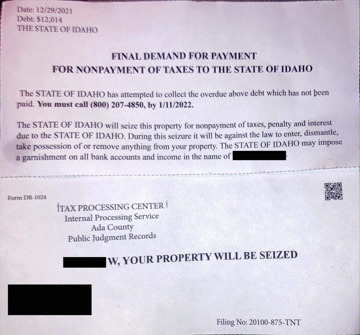 An example of a fraudulent letter sent by the “Tax Processing Center.”