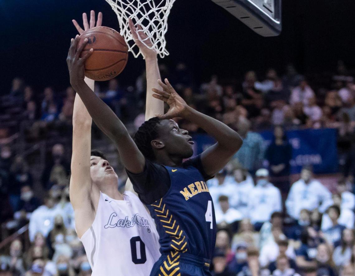 Meridian senior Ladu Kaden gets to the hoop during last year’s 5A state championship game against Lake City.