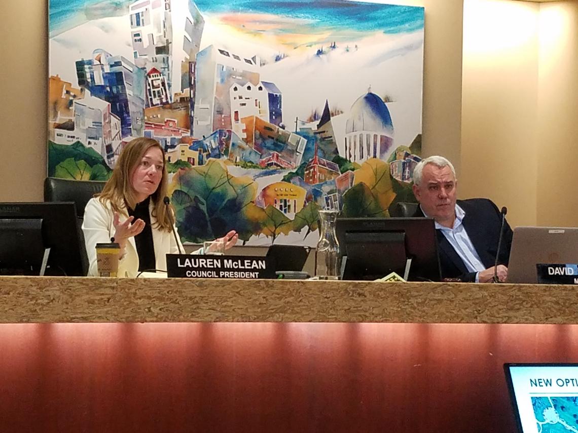 Council President Lauren McLean tells why she supports moving The Cabin to Julia Davis Park, during Tuesday’s meeting of the Boise City Council. Mayor David Bieter listens.